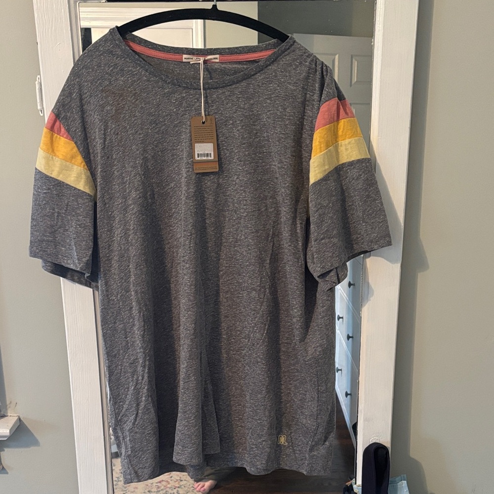 Gray Tee with Colorful Sleeve Stripes